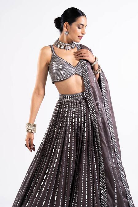 Shop Vvani By Vani Vats Grey Georgette, Satin, Organza Mirrors, Sequins Linear Drop Work Lehenga Set Online at Aza Fashions Shop_Vvani By Vani Vats_Grey Georgette, Satin, Organza Mirrors, Sequins Linear Drop Work Lehenga Set _Online_at_Aza_Fashions