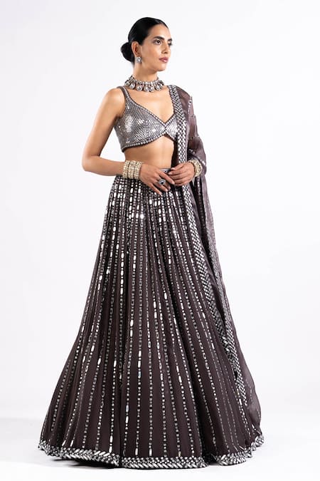 Vvani By Vani Vats Grey Georgette, Satin, Organza Mirrors, Sequins Linear Drop Work Lehenga Set at Aza Fashions Vvani By Vani Vats_Grey Georgette, Satin, Organza Mirrors, Sequins Linear Drop Work Lehenga Set _at_Aza_Fashions
