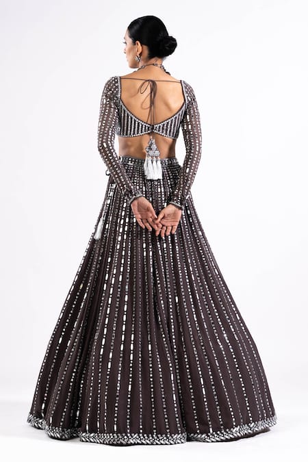 Shop Vvani By Vani Vats Grey Georgette, Satin, Organza Mirrors V-neck Work Lehenga Set at Aza Fashions Shop_Vvani By Vani Vats_Grey Georgette, Satin, Organza Mirrors V-neck Work Lehenga Set _at_Aza_Fashions