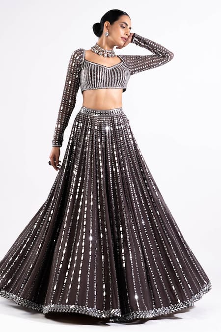 Buy Vvani By Vani Vats Grey Georgette, Satin, Organza Mirrors V-neck Work Lehenga Set Online at Aza Fashions Buy_Vvani By Vani Vats_Grey Georgette, Satin, Organza Mirrors V-neck Work Lehenga Set _Online_at_Aza_Fashions