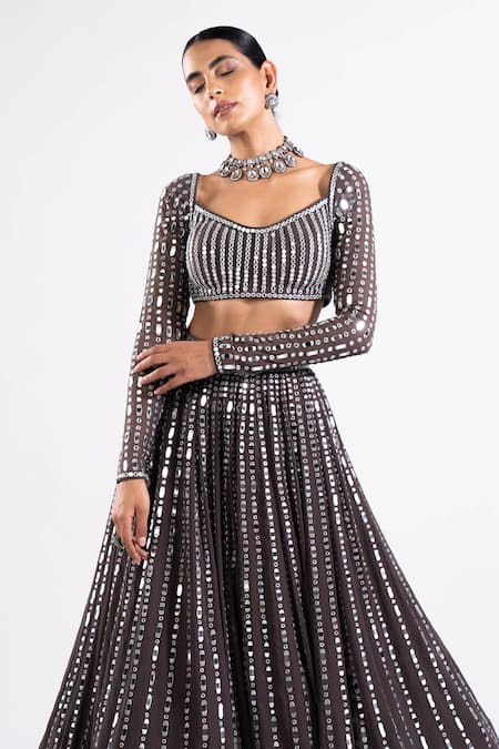 Vvani By Vani Vats Grey Georgette, Satin, Organza Mirrors V-neck Work Lehenga Set at Aza Fashions Vvani By Vani Vats_Grey Georgette, Satin, Organza Mirrors V-neck Work Lehenga Set _at_Aza_Fashions