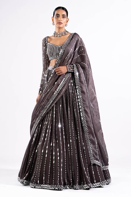 Shop Vvani By Vani Vats Grey Georgette, Satin, Organza Mirrors V-neck Work Lehenga Set Shop_Vvani By Vani Vats_Grey Georgette, Satin, Organza Mirrors V-neck Work Lehenga Set
