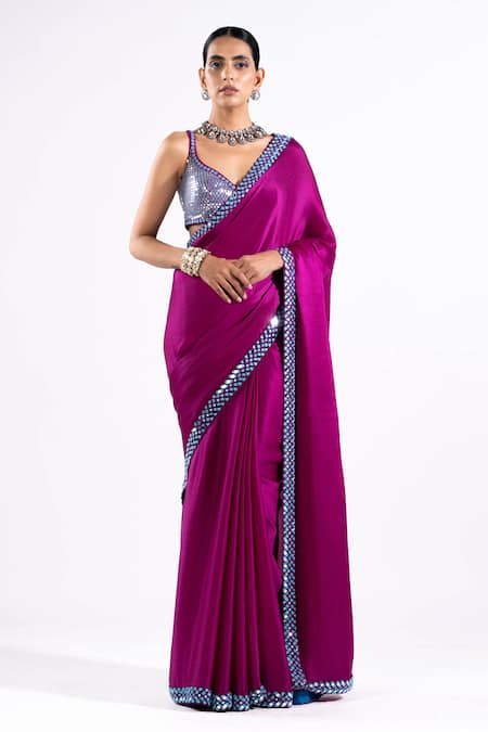 Vvani By Vani Vats_Wine Satin, Chiffon, Georgette Mirrors, Sequins Saree With Embellished Blouse _Online_at_Aza_Fashions