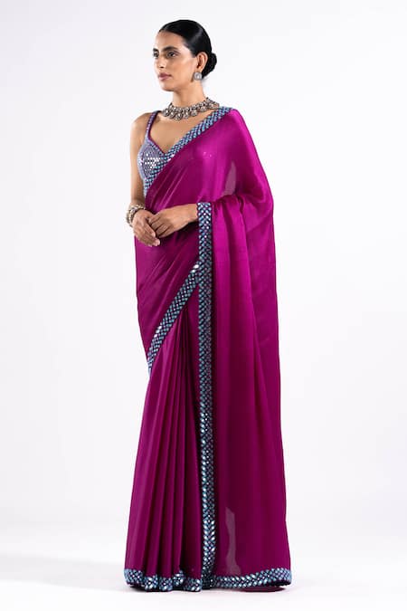 Buy_Vvani By Vani Vats_Wine Satin, Chiffon, Georgette Mirrors, Sequins Saree With Embellished Blouse _Online_at_Aza_Fashions