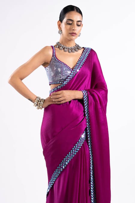 Shop_Vvani By Vani Vats_Wine Satin, Chiffon, Georgette Mirrors, Sequins Saree With Embellished Blouse _Online_at_Aza_Fashions