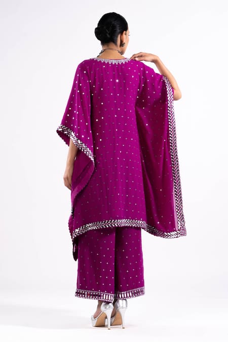 Shop Vvani By Vani Vats Wine Mirrors, Embroidery V-neck Kaftan And Palazzo Set at Aza Fashions Shop_Vvani By Vani Vats_Wine Mirrors, Embroidery V-neck Kaftan And Palazzo Set _at_Aza_Fashions