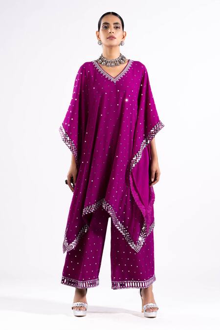 Vvani By Vani Vats Wine Mirrors, Embroidery V-neck Kaftan And Palazzo Set Online at Aza Fashions Vvani By Vani Vats_Wine Mirrors, Embroidery V-neck Kaftan And Palazzo Set _Online_at_Aza_Fashions