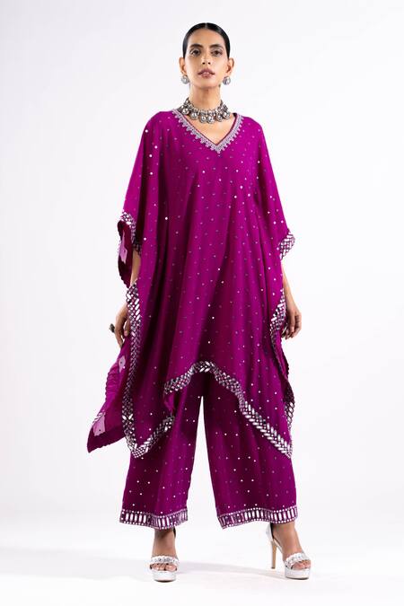 Shop Vvani By Vani Vats Wine Mirrors, Embroidery V-neck Kaftan And Palazzo Set Online at Aza Fashions Shop_Vvani By Vani Vats_Wine Mirrors, Embroidery V-neck Kaftan And Palazzo Set _Online_at_Aza_Fashions