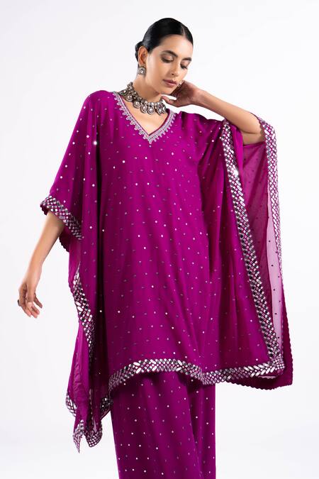 Buy Vvani By Vani Vats Wine Mirrors, Embroidery V-neck Kaftan And Palazzo Set Buy_Vvani By Vani Vats_Wine Mirrors, Embroidery V-neck Kaftan And Palazzo Set