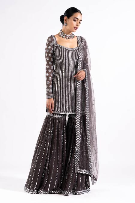 Vvani By Vani Vats_Grey Georgette, Net Mirrors Scoop Neck Embroidered Kurta Sharara Set _Online_at_Aza_Fashions