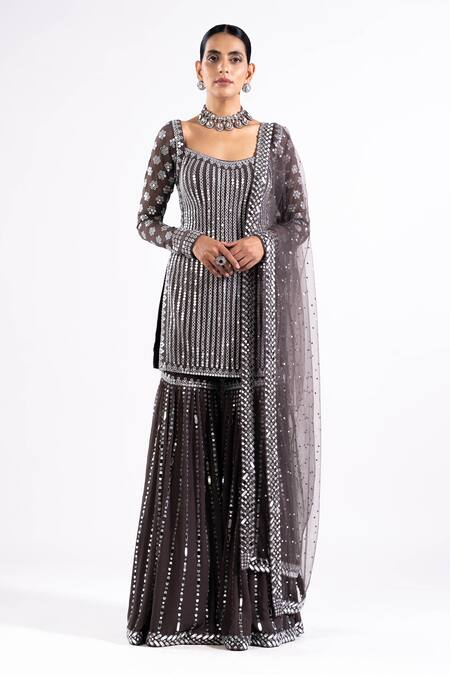 Buy_Vvani By Vani Vats_Grey Georgette, Net Mirrors Scoop Neck Embroidered Kurta Sharara Set _Online_at_Aza_Fashions