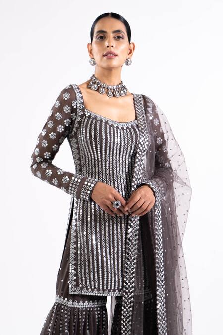 Shop_Vvani By Vani Vats_Grey Georgette, Net Mirrors Scoop Neck Embroidered Kurta Sharara Set _Online_at_Aza_Fashions