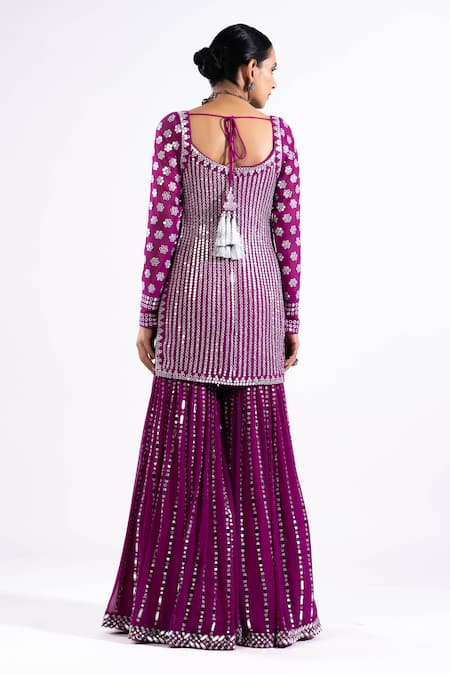 Shop Vvani By Vani Vats Wine Georgette, Net Embroidery, Mirrors Scoop Neck Straight Kurta Sharara Set at Aza Fashions Shop_Vvani By Vani Vats_Wine Georgette, Net Embroidery, Mirrors Scoop Neck Straight Kurta Sharara Set _at_Aza_Fashions