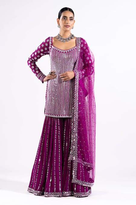 Buy Vvani By Vani Vats Wine Georgette, Net Embroidery, Mirrors Scoop Neck Straight Kurta Sharara Set Online at Aza Fashions Buy_Vvani By Vani Vats_Wine Georgette, Net Embroidery, Mirrors Scoop Neck Straight Kurta Sharara Set _Online_at_Aza_Fashions