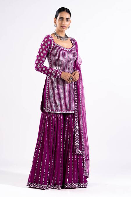 Vvani By Vani Vats Wine Georgette, Net Embroidery, Mirrors Scoop Neck Straight Kurta Sharara Set at Aza Fashions Vvani By Vani Vats_Wine Georgette, Net Embroidery, Mirrors Scoop Neck Straight Kurta Sharara Set _at_Aza_Fashions