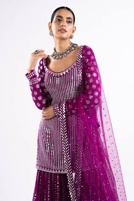 Buy Vvani By Vani Vats Wine Georgette, Net Embroidery, Mirrors Scoop Neck Straight Kurta Sharara Set Buy_Vvani By Vani Vats_Wine Georgette, Net Embroidery, Mirrors Scoop Neck Straight Kurta Sharara Set