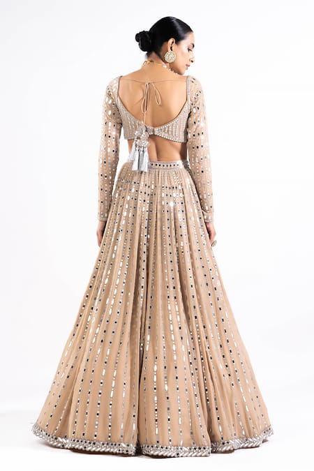 Shop Vvani By Vani Vats Beige Georgette, Satin, Organza Mirrors Linear Pattern Work Bridal Lehenga Set at Aza Fashions Shop_Vvani By Vani Vats_Beige Georgette, Satin, Organza Mirrors Linear Pattern Work Bridal Lehenga Set _at_Aza_Fashions