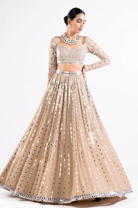 Vvani By Vani Vats Beige Georgette, Satin, Organza Mirrors Linear Pattern Work Bridal Lehenga Set Online at Aza Fashions Vvani By Vani Vats_Beige Georgette, Satin, Organza Mirrors Linear Pattern Work Bridal Lehenga Set _Online_at_Aza_Fashions
