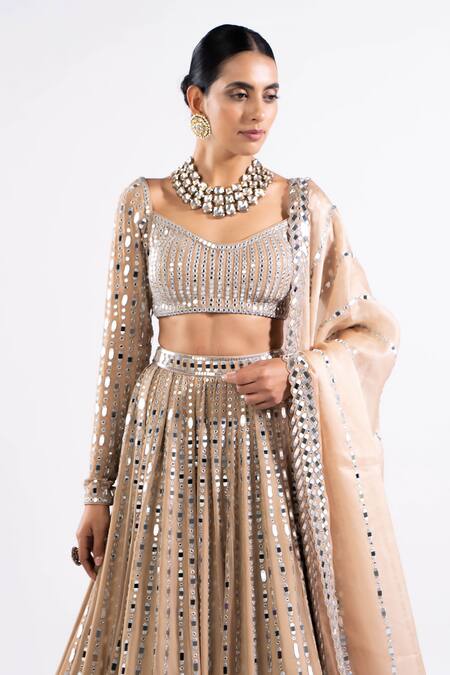 Shop Vvani By Vani Vats Beige Georgette, Satin, Organza Mirrors Linear Pattern Work Bridal Lehenga Set Online at Aza Fashions Shop_Vvani By Vani Vats_Beige Georgette, Satin, Organza Mirrors Linear Pattern Work Bridal Lehenga Set _Online_at_Aza_Fashions