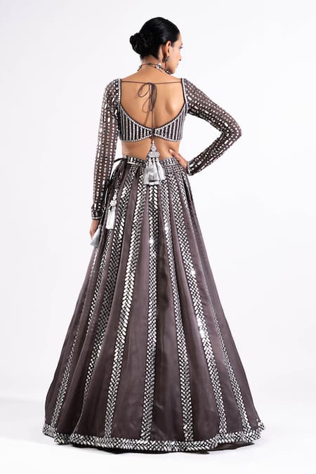 Shop Vvani By Vani Vats Grey Georgette, Satin, Organza Mirrors V-neck Embellished Lehenga Set at Aza Fashions Shop_Vvani By Vani Vats_Grey Georgette, Satin, Organza Mirrors V-neck Embellished Lehenga Set _at_Aza_Fashions