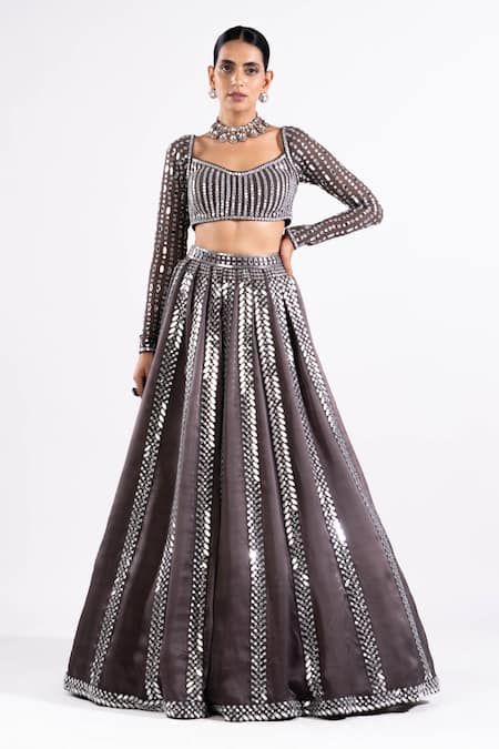 Vvani By Vani Vats Grey Georgette, Satin, Organza Mirrors V-neck Embellished Lehenga Set Online at Aza Fashions Vvani By Vani Vats_Grey Georgette, Satin, Organza Mirrors V-neck Embellished Lehenga Set _Online_at_Aza_Fashions