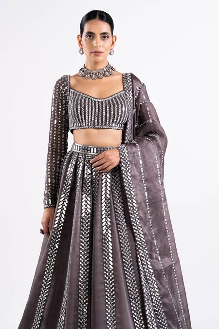 Buy Vvani By Vani Vats Grey Georgette, Satin, Organza Mirrors V-neck Embellished Lehenga Set Online at Aza Fashions Buy_Vvani By Vani Vats_Grey Georgette, Satin, Organza Mirrors V-neck Embellished Lehenga Set _Online_at_Aza_Fashions