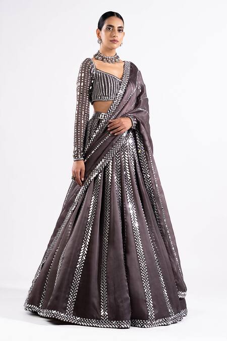 Shop Vvani By Vani Vats Grey Georgette, Satin, Organza Mirrors V-neck Embellished Lehenga Set Online at Aza Fashions Shop_Vvani By Vani Vats_Grey Georgette, Satin, Organza Mirrors V-neck Embellished Lehenga Set _Online_at_Aza_Fashions