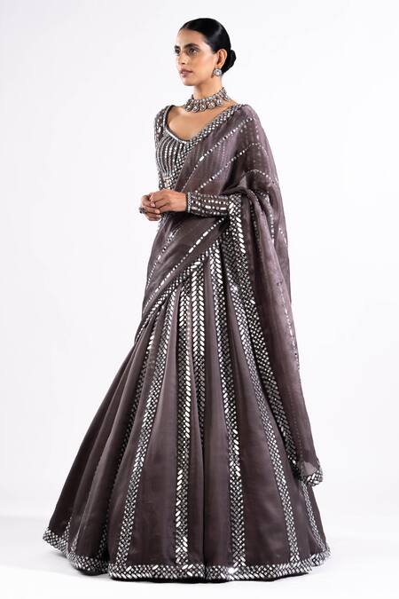 Vvani By Vani Vats Grey Georgette, Satin, Organza Mirrors V-neck Embellished Lehenga Set at Aza Fashions Vvani By Vani Vats_Grey Georgette, Satin, Organza Mirrors V-neck Embellished Lehenga Set _at_Aza_Fashions