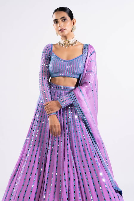 Vvani by vani vats_Purple Georgette, Satin, Organza Mirrors Linear Drop Hand Cut Work Lehenga Set _Online_at_Aza_Fashions