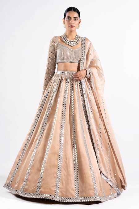 Vvani by Vani Vats Georgette Linear Pattern Mirror Work Bridal Lehenga Set 