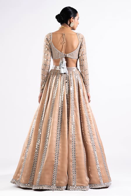 Shop Vvani By Vani Vats Beige Georgette, Satin, Organza Mirrors Linear Pattern Work Bridal Lehenga Set at Aza Fashions Shop_Vvani By Vani Vats_Beige Georgette, Satin, Organza Mirrors Linear Pattern Work Bridal Lehenga Set _at_Aza_Fashions
