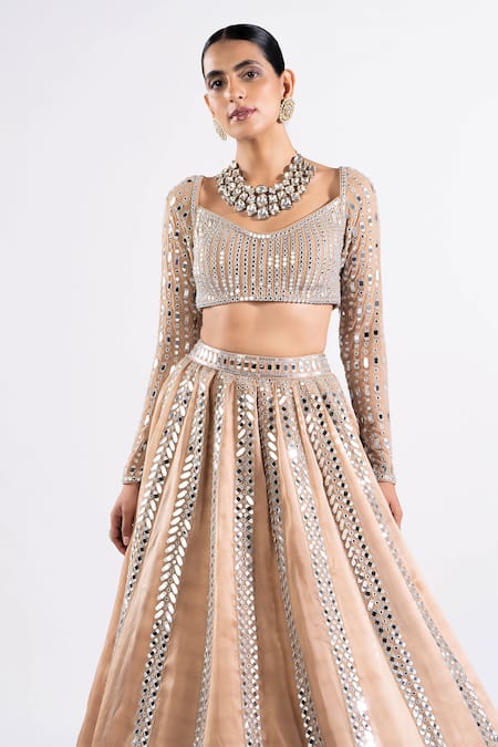 Buy Vvani By Vani Vats Beige Georgette, Satin, Organza Mirrors Linear Pattern Work Bridal Lehenga Set Online at Aza Fashions Buy_Vvani By Vani Vats_Beige Georgette, Satin, Organza Mirrors Linear Pattern Work Bridal Lehenga Set _Online_at_Aza_Fashions
