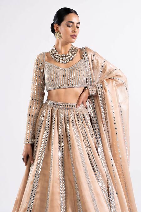 Shop Vvani By Vani Vats Beige Georgette, Satin, Organza Mirrors Linear Pattern Work Bridal Lehenga Set Online at Aza Fashions Shop_Vvani By Vani Vats_Beige Georgette, Satin, Organza Mirrors Linear Pattern Work Bridal Lehenga Set _Online_at_Aza_Fashions