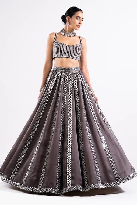 Vvani By Vani Vats Grey Georgette, Satin Mirrors Scoop Neck Real Embellished Lehenga Set Online at Aza Fashions Vvani By Vani Vats_Grey Georgette, Satin Mirrors Scoop Neck Real Embellished Lehenga Set _Online_at_Aza_Fashions