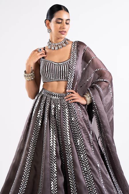 Shop Vvani By Vani Vats Grey Georgette, Satin Mirrors Scoop Neck Real Embellished Lehenga Set Online at Aza Fashions Shop_Vvani By Vani Vats_Grey Georgette, Satin Mirrors Scoop Neck Real Embellished Lehenga Set _Online_at_Aza_Fashions