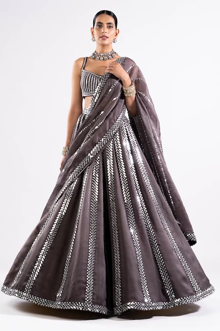 Buy Vvani By Vani Vats Grey Georgette, Satin Mirrors Scoop Neck Real Embellished Lehenga Set Buy_Vvani By Vani Vats_Grey Georgette, Satin Mirrors Scoop Neck Real Embellished Lehenga Set