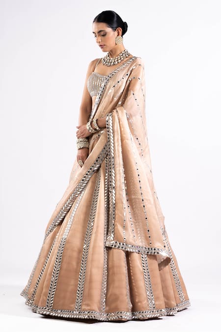 Vvani By Vani Vats_Beige Satin, Georgette, Organza Mirrors Pastel Embellished Bridal Lehenga Set _Online_at_Aza_Fashions