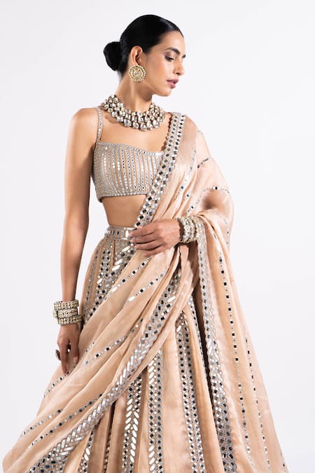 Shop_Vvani By Vani Vats_Beige Satin, Georgette, Organza Mirrors Pastel Embellished Bridal Lehenga Set _Online_at_Aza_Fashions