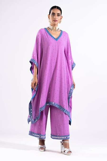 Buy Vvani By Vani Vats Purple V-neck Mauve Scallop Border Kaftan And Palazzo Set Online at Aza Fashions Buy_Vvani By Vani Vats_Purple V-neck Mauve Scallop Border Kaftan And Palazzo Set _Online_at_Aza_Fashions