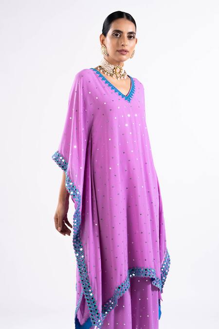 Shop Vvani By Vani Vats Purple V-neck Mauve Scallop Border Kaftan And Palazzo Set Online at Aza Fashions Shop_Vvani By Vani Vats_Purple V-neck Mauve Scallop Border Kaftan And Palazzo Set _Online_at_Aza_Fashions