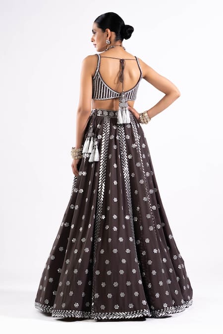Shop Vvani By Vani Vats Grey Georgette, Satin, Organza Mirrors Scoop Neck Embroidered Lehenga Set at Aza Fashions Shop_Vvani By Vani Vats_Grey Georgette, Satin, Organza Mirrors Scoop Neck Embroidered Lehenga Set _at_Aza_Fashions