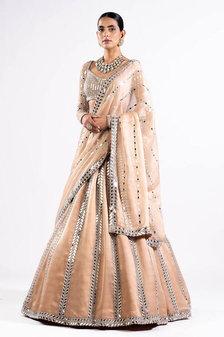 Vvani By Vani Vats Beige Georgette, Satin, Organza Mirrors Linear Pattern Work Bridal Lehenga Set Online at Aza Fashions Vvani By Vani Vats_Beige Georgette, Satin, Organza Mirrors Linear Pattern Work Bridal Lehenga Set _Online_at_Aza_Fashions