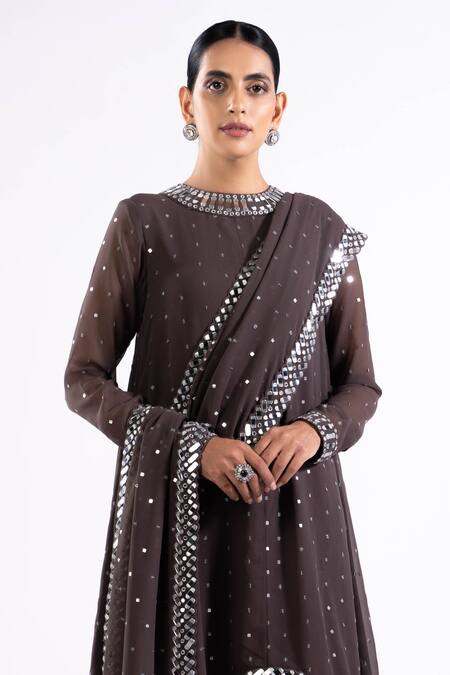 Buy_Vvani By Vani Vats_Grey Georgette, Silk Mirrors, Embroidery Round Asymmetric Hem Kurta Palazzo Set 