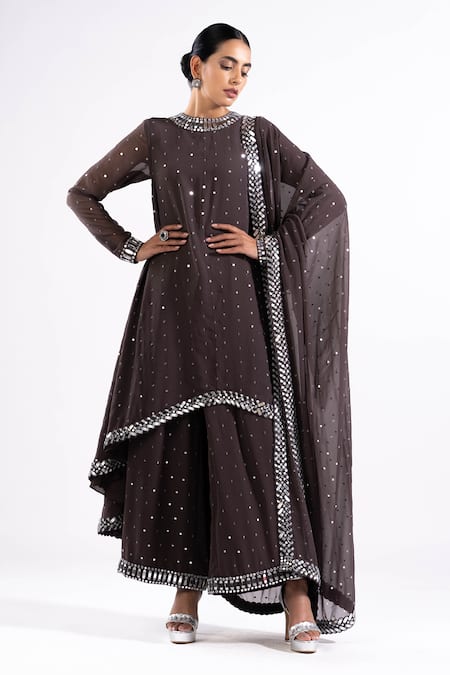 Vvani By Vani Vats_Grey Georgette, Silk Mirrors, Embroidery Round Asymmetric Hem Kurta Palazzo Set _Online_at_Aza_Fashions