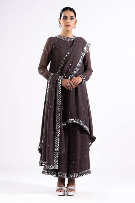Buy_Vvani By Vani Vats_Grey Georgette, Silk Mirrors, Embroidery Round Asymmetric Hem Kurta Palazzo Set _Online_at_Aza_Fashions