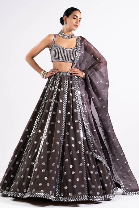 Designer fully stitched Lehenga Choli dupatta set grey color with mirror  work | eBay