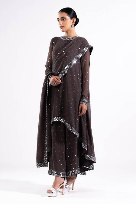 Shop_Vvani By Vani Vats_Grey Georgette, Silk Mirrors, Embroidery Round Asymmetric Hem Kurta Palazzo Set _Online_at_Aza_Fashions