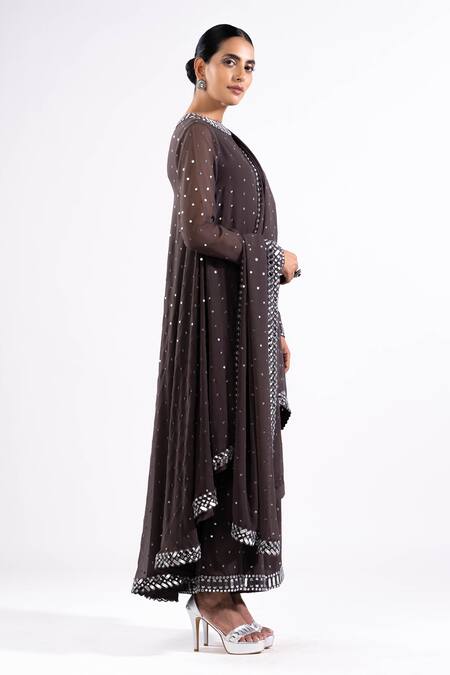 Vvani By Vani Vats_Grey Georgette, Silk Mirrors, Embroidery Round Asymmetric Hem Kurta Palazzo Set _at_Aza_Fashions