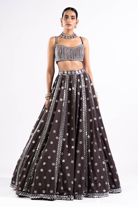 Vvani By Vani Vats Grey Georgette, Satin, Organza Mirrors Scoop Neck Embroidered Lehenga Set Online at Aza Fashions Vvani By Vani Vats_Grey Georgette, Satin, Organza Mirrors Scoop Neck Embroidered Lehenga Set _Online_at_Aza_Fashions
