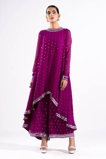 Vvani By Vani Vats_Wine Georgette, Silk Mirrors Round Neck Chheeta Work Kurta Palazzo Set _Online_at_Aza_Fashions